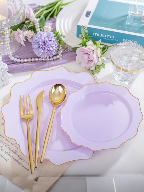WDF 175Pcs Purple Plates Disposable - Lavender Plastic Plates 25guest Plastic Dinnerware Ideal for Birthday Party/Wedding/Spring/Picnic/Easter