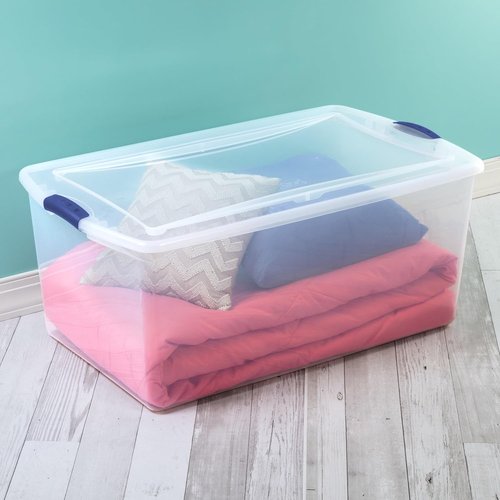 Heavy Duty Storage Bins - 2 Pack 105 Quart Clear Plastic with Lids & Blue Latches | Ideal for Home & Garage