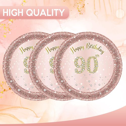 Fitoyplak 90th Birthday Decorations,50Pcs 7" 90th Birthday Paperplates,Rose Gold 90 Years Party Tableware Cake Plates,for Happy 90th Anniversary Party Decorations Supplies
