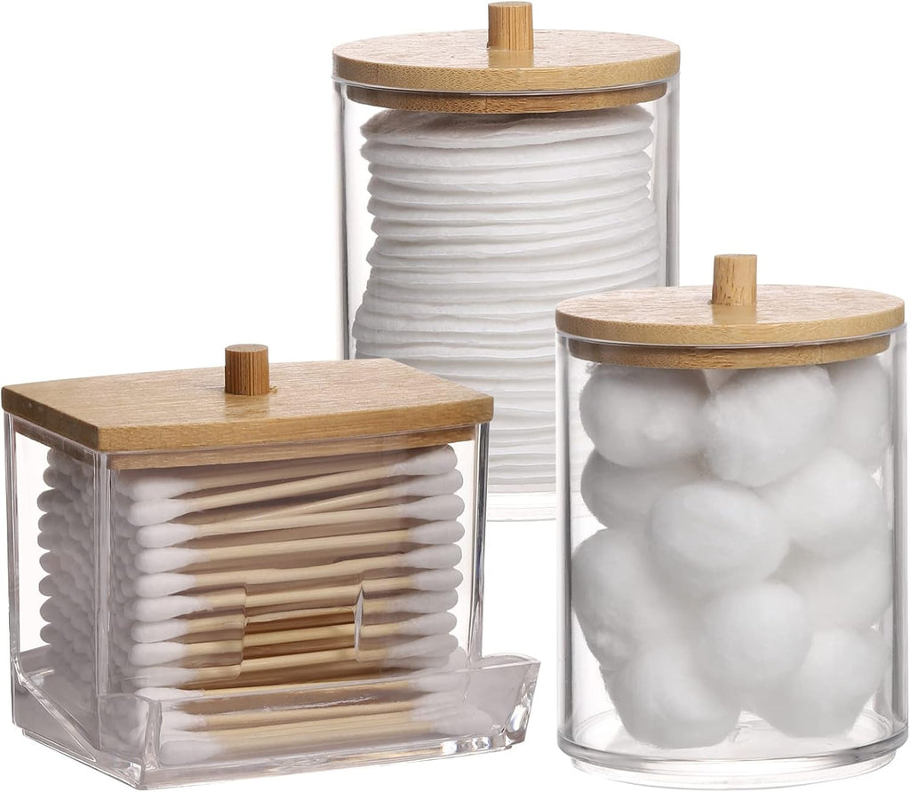 Tbestmax Cotton Swabs Holder - Stylish Apothecary Jar Organizer with Wood Lid | 10/7 Oz Capacity