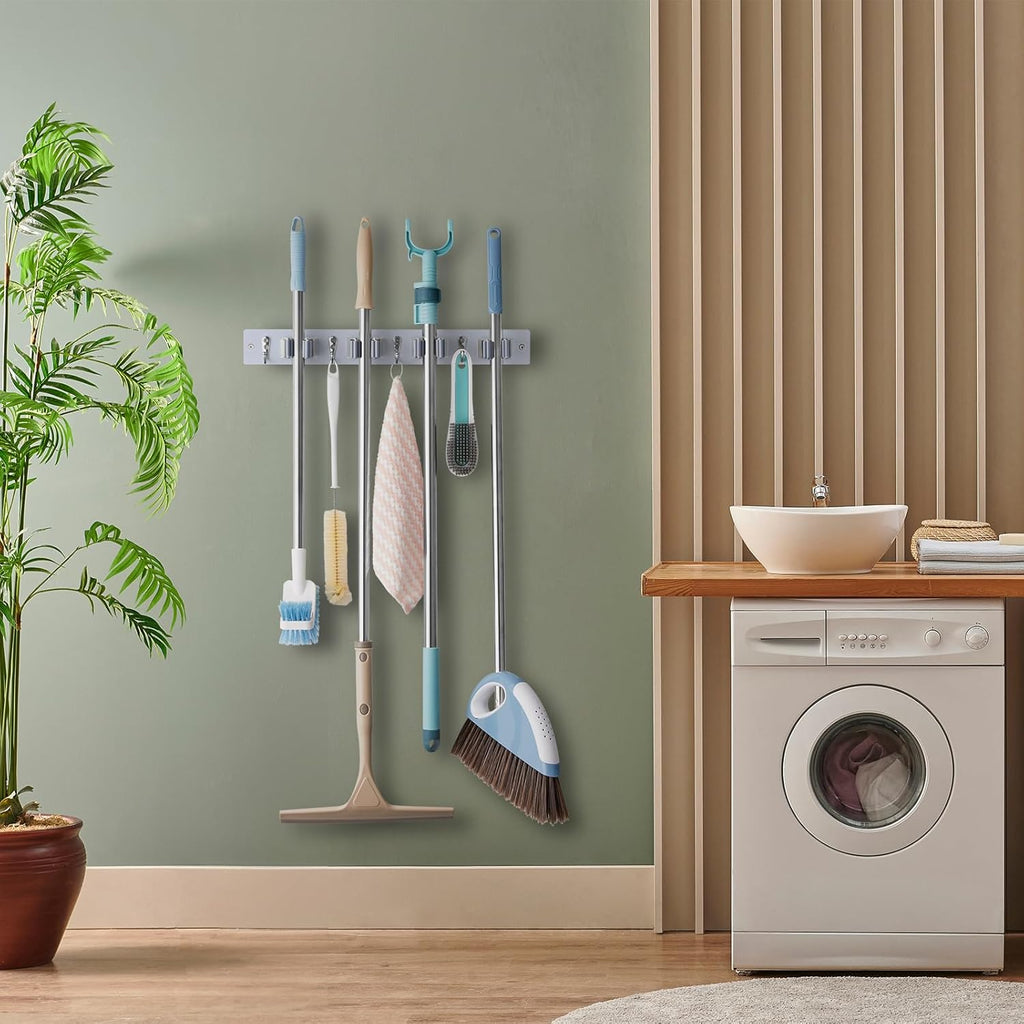 OUTNILI Gray Mop Broom Holder - Heavy-Duty Wall Mount Organizer with 4 Slots & Hooks for Laundry Room
