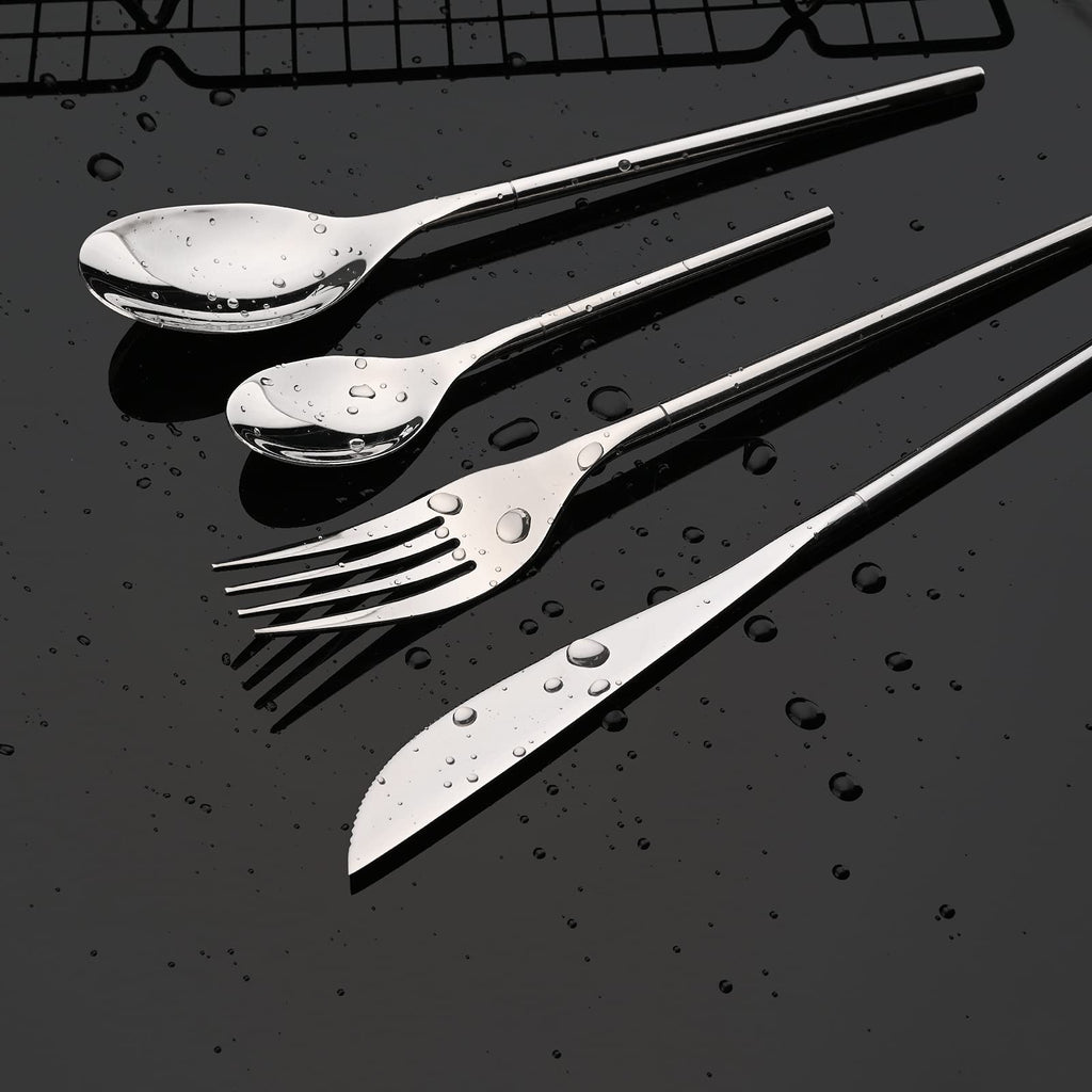 JASHII 304 Flatware Set Silver Silverware Set Mirror Polished 18/8 Stainless Steel Cutlery Set with Round Handle 24 Piece Wedding Housewarming Gift Service for 6