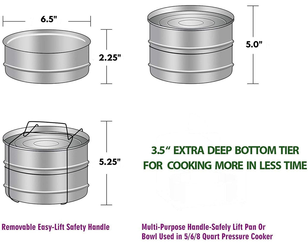 Ecozoi Stackable Steamer Insert Pans for 6 & 8 Quart, 3 Tier Pans Compatible with Instant Pot Pressure Cooker, Pot in Pot for Baking, Steaming & Casseroles, 2 Interchangeable Lids and Sling