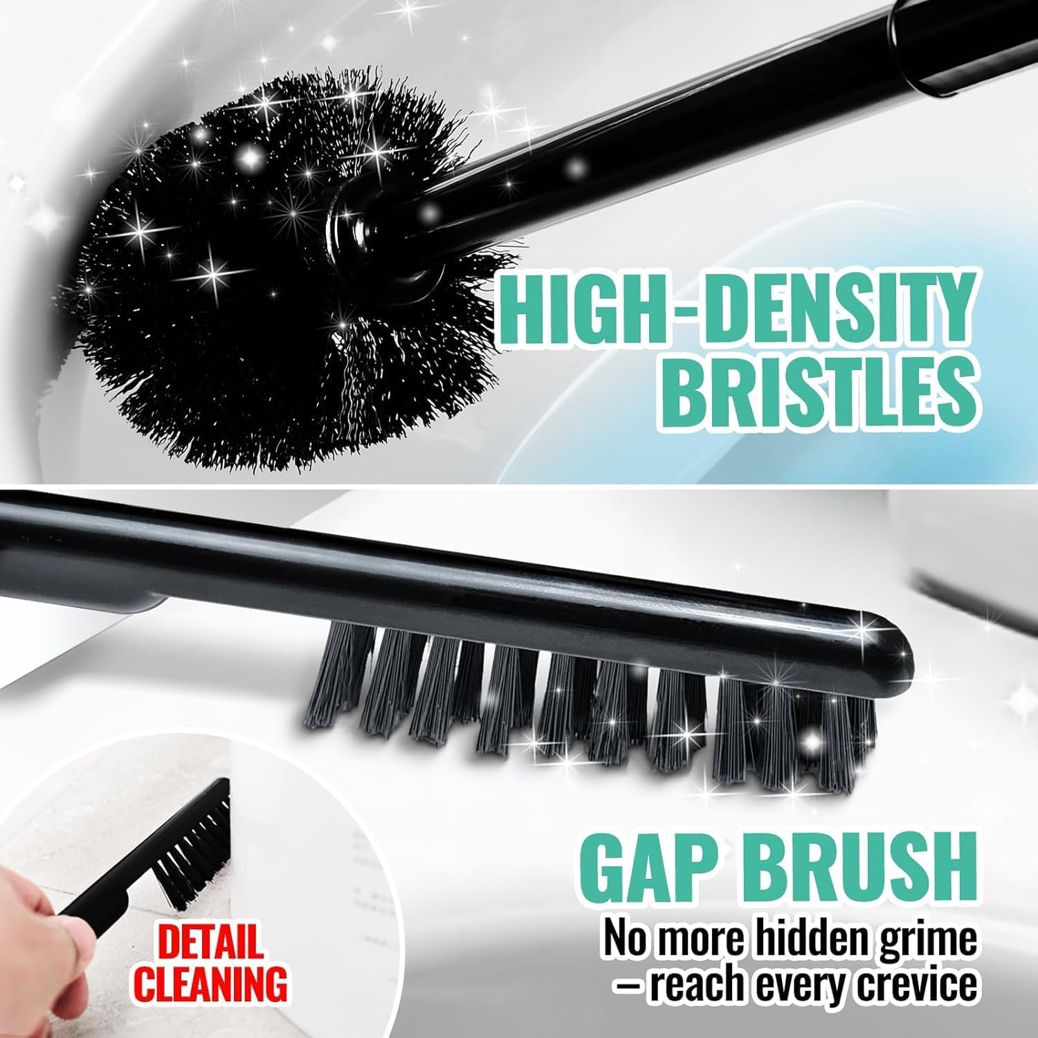 Skiennix 4-In-1 Toilet Brush and Plunger Set - Extra Long Handle with Crevice Cleaner | Black, 2 Pack