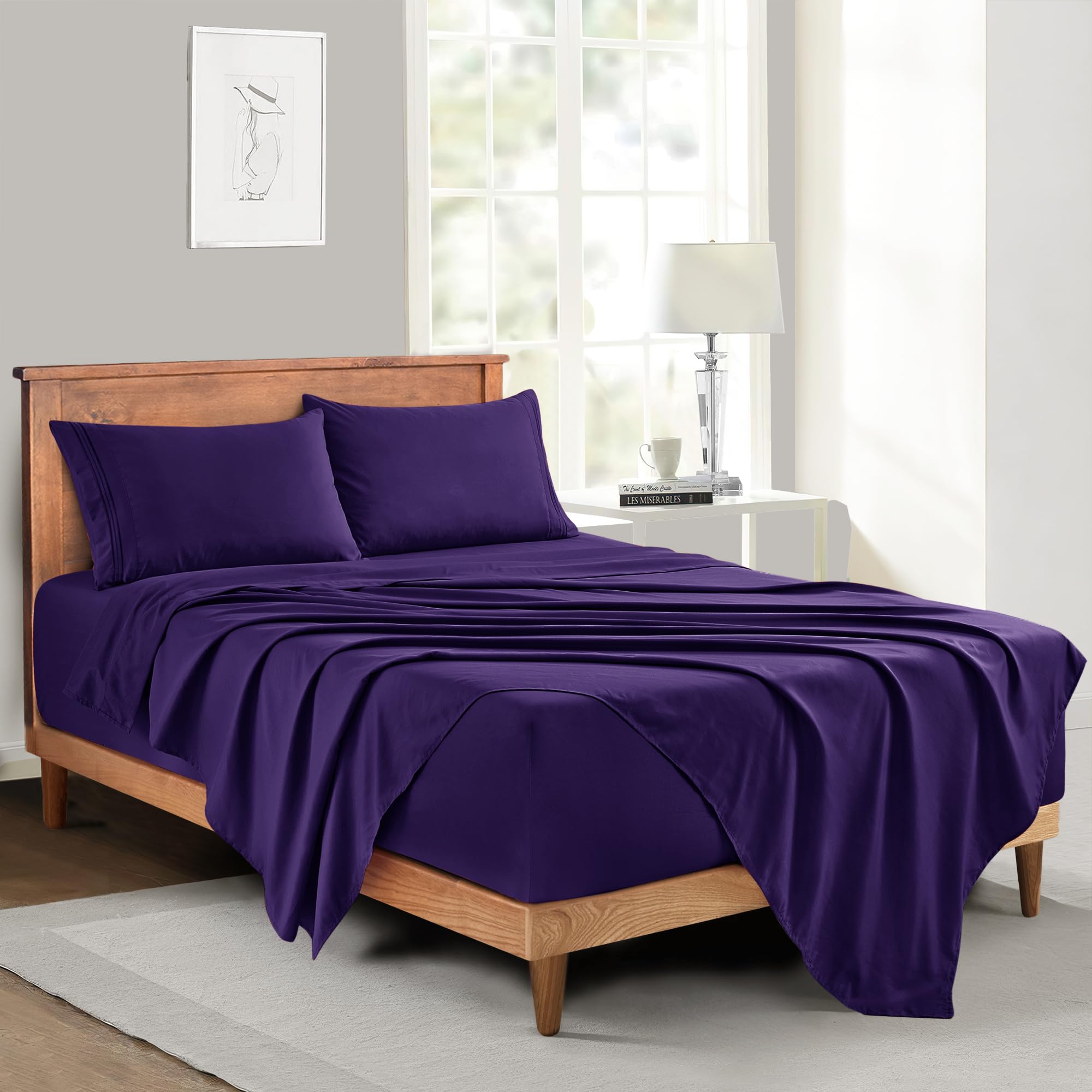 Manyshofu Extra Deep Pocket King Size Sheets - Hotel Luxury 1800 Thread Count Sheets & Pillowcases - Microfiber Bedding Set up to 24" Mattress - Purple Bed Sheets 18-24 Inch Deep Pockets - 4 Piece