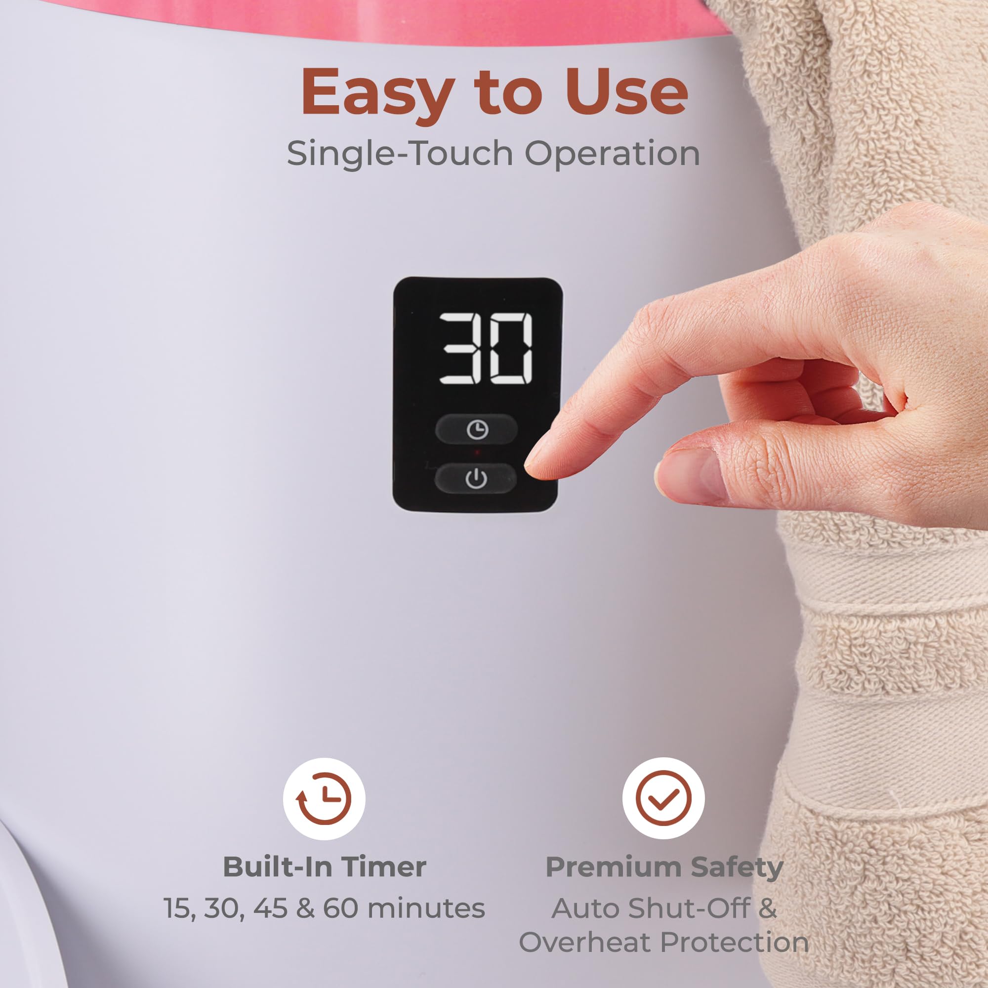SereneLife Towel and Blanket Warmer - Single Touch Portable Towel Heater for Bathroom, Fragrant Disc Holder, LED Ring, 2 Large Towel Capacity, Built-in Timer (15-60 mins), Auto Shut-Off (Pink)