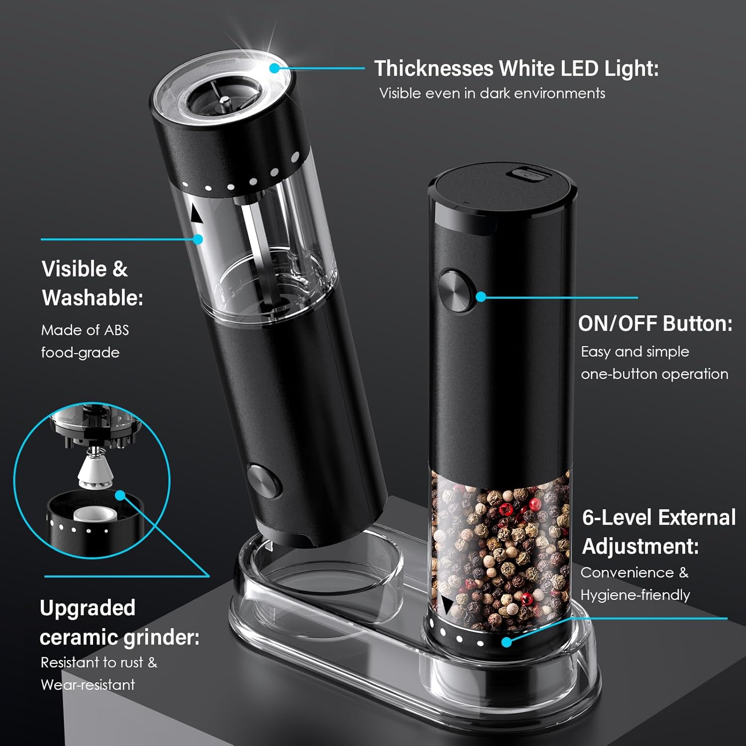 Skiennix Electric Salt and Pepper Grinder Set - Automatic Shakers with 6-Level Coarseness | Battery Operated, Black