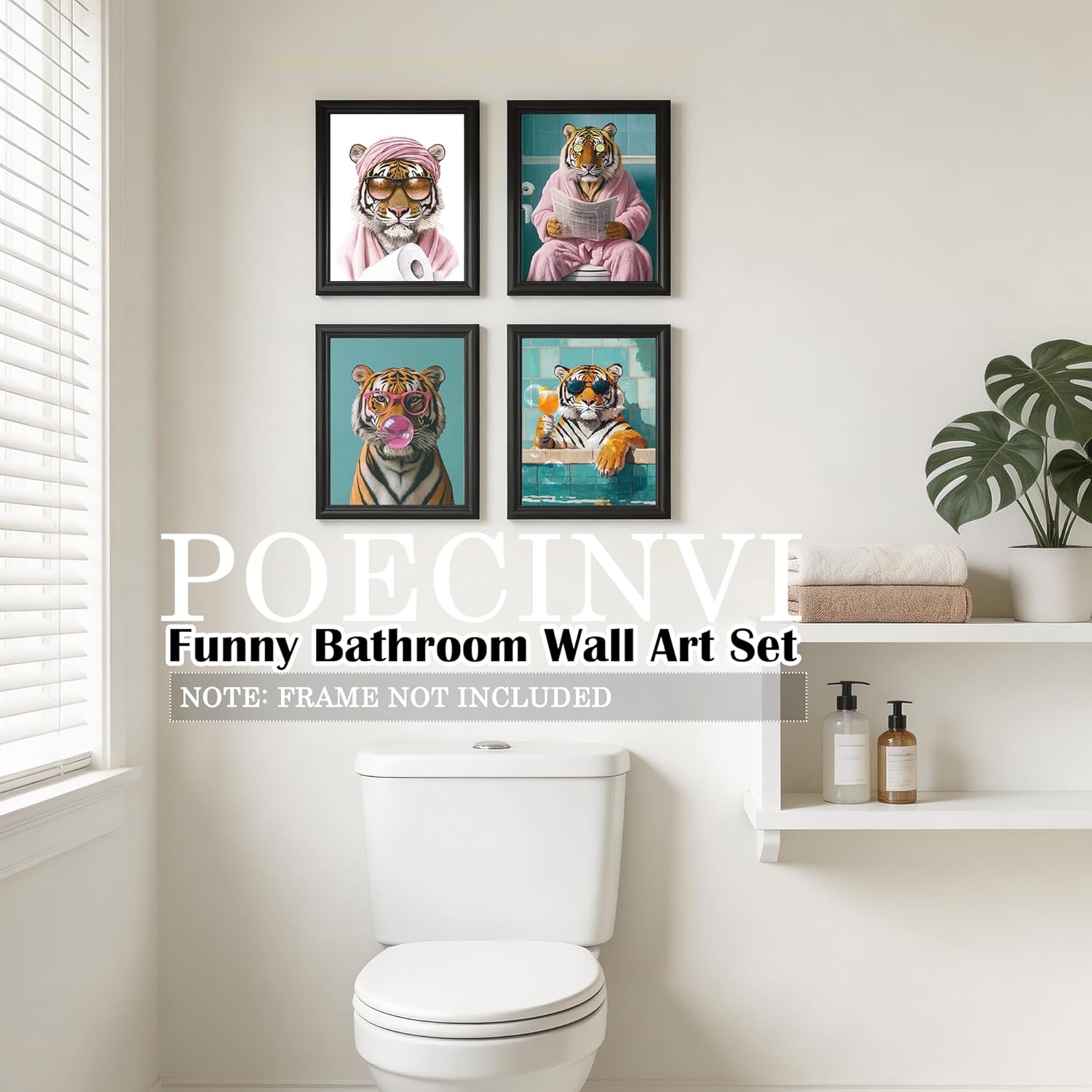 Poecinvi Pink Tiger Bathroom Wall Art Prints - Trendy 8x10 Animal Decor Set of 4 for Washroom