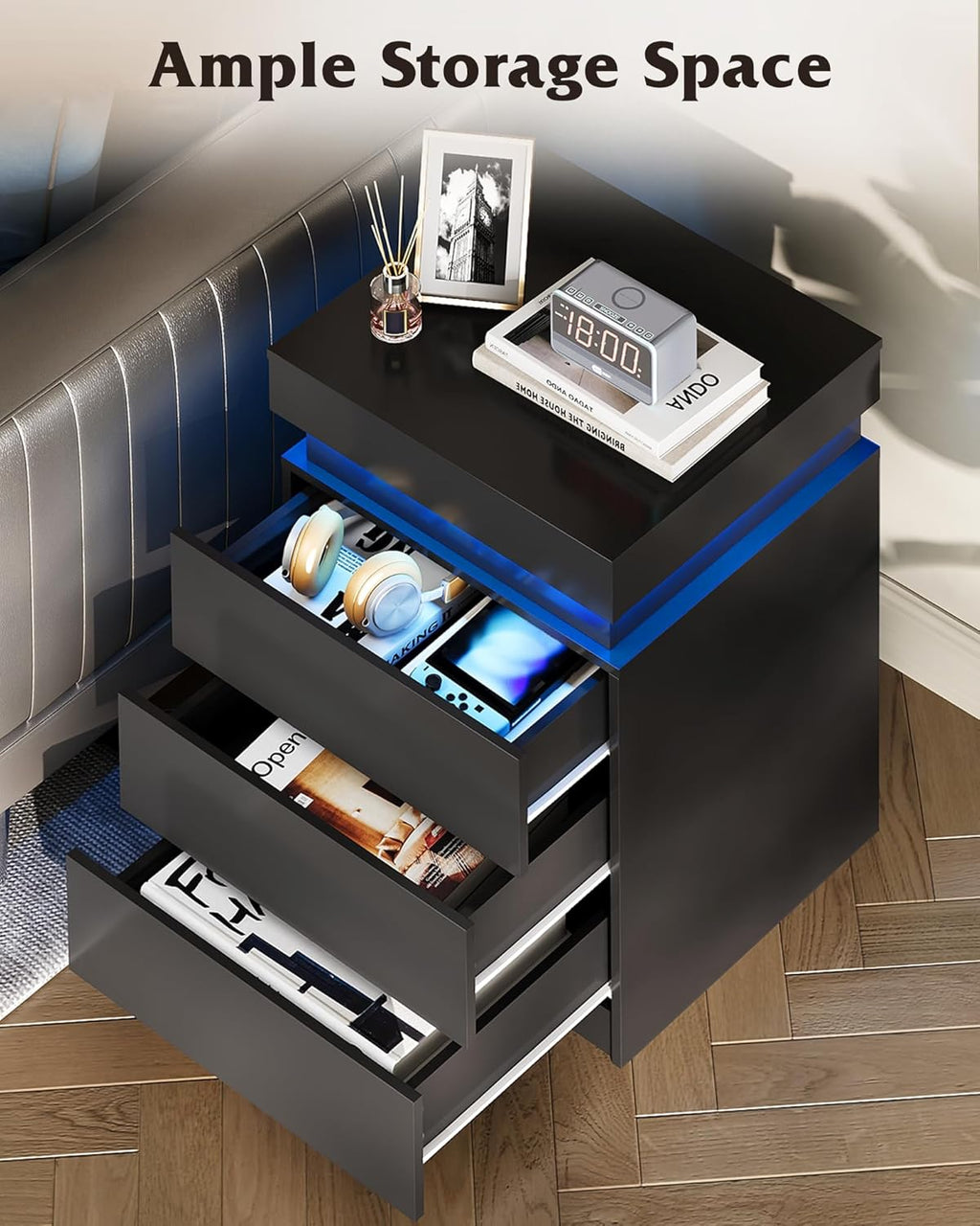 WLIVE Black Nightstand - Modern Bedside Table with Charging Station & LED Lights | 3 Drawers, Sliding Top