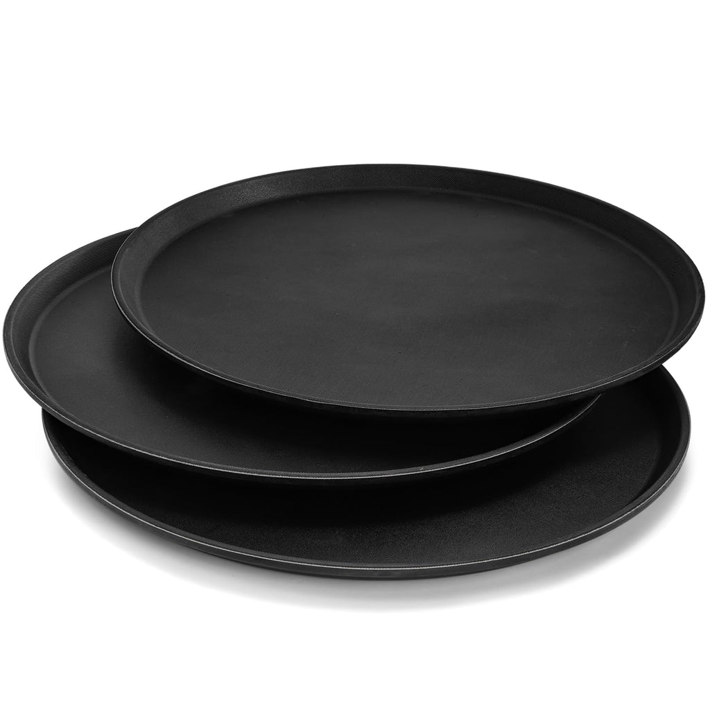 TOPZEA 3 Pack Large Restaurant Serving Tray, 18 Inch Plastic Black Round Server Tray, Non-Slip Rubber Lined Bar Drink Trays Cafeteria Buffet Food Service Trays for Coffee Table, Kitchen, Party
