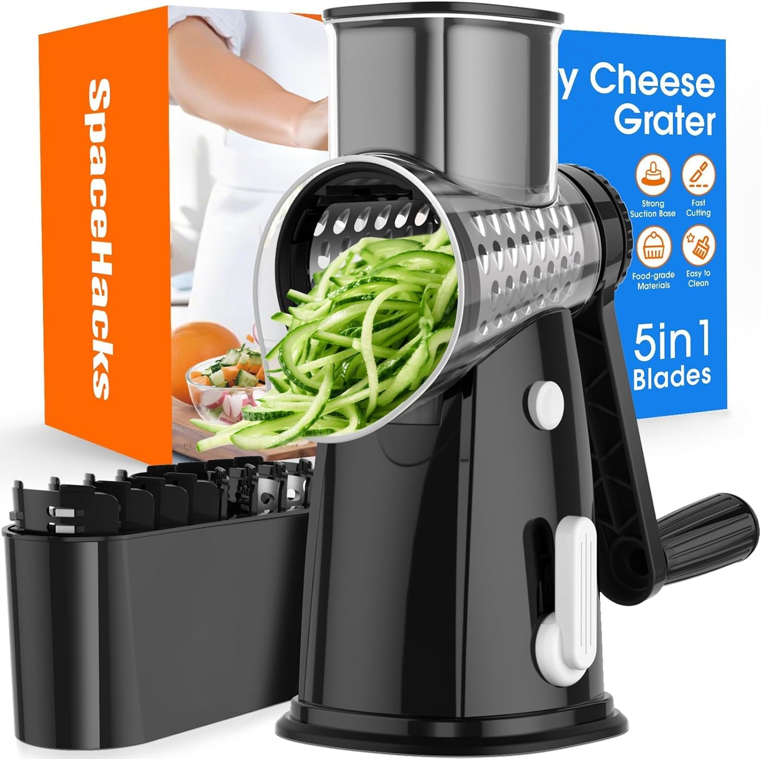 Skiennix 5-Blade Rotary Cheese Grater - Hand Crank Vegetable Chopper & Slicer with Suction Base | Black