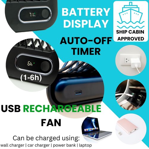 Cruise Fan Cabin Approved - Magnetic Hook Included To Hang On Walls - Portable USB Rechargeable & Plug-In, Timer Function & 5-Speed Adjustable, White Noise, Long Battery Life, Perfect for 2026 Cruises