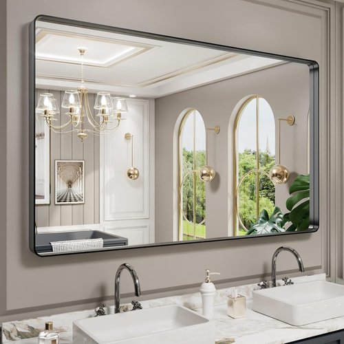 LOAAO Black Metal Framed Bathroom Mirror - Large 60x36 Inch Rounded Rectangle | Anti-Rust Tempered Glass
