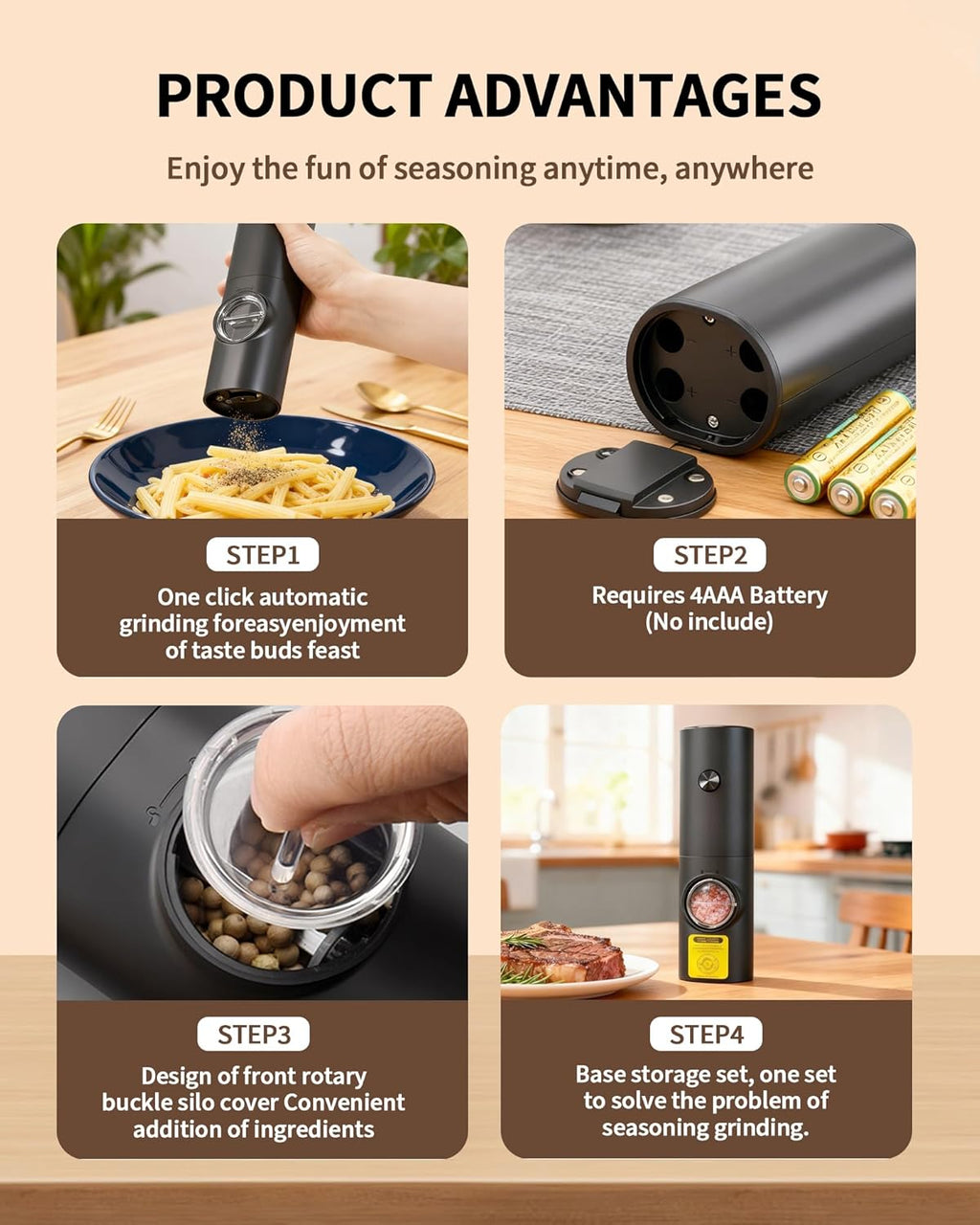 Skiennix Electric Salt and Pepper Grinder Set - Automatic Battery Mill with Adjustable Coarseness & LED | 2 Pack for Home Cooking & Gifts
