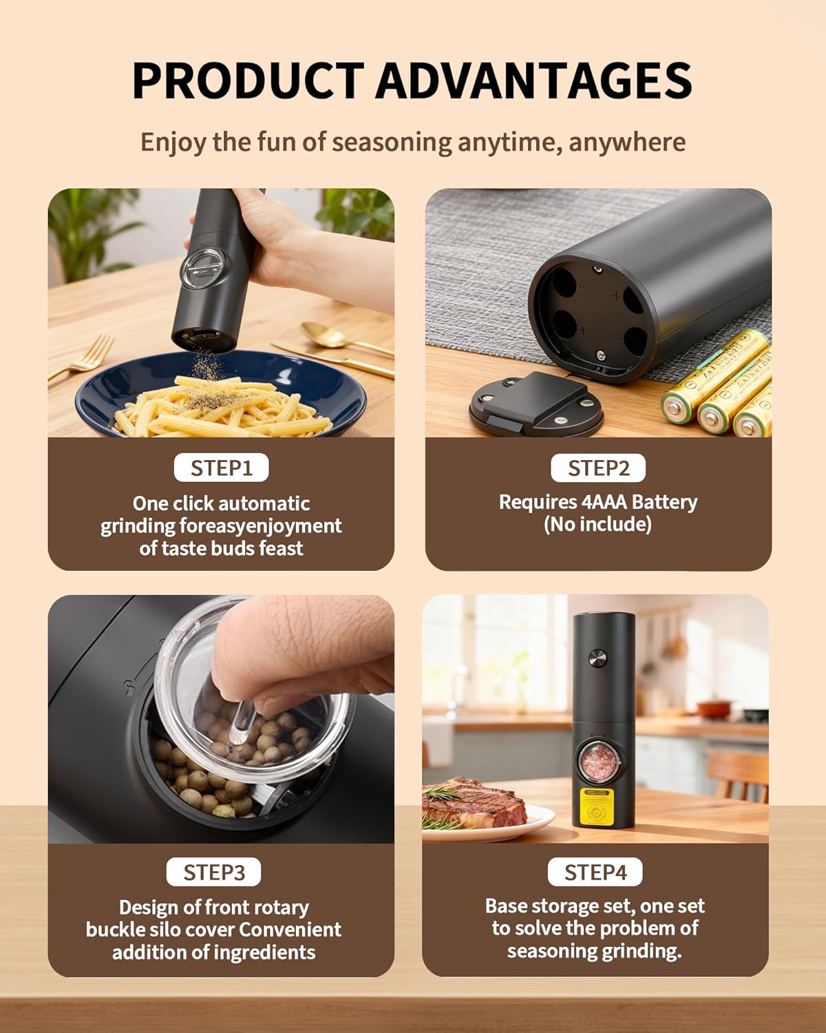 Skiennix Electric Salt and Pepper Grinder Set - Automatic Battery Mill with Adjustable Coarseness & LED | 2 Pack for Home Cooking & Gifts