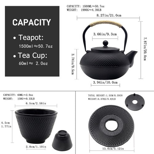 Big Cast Iron Teapot, Japanese Tetsubin Tea Kettle for Stovetop Safe, Cast Iron Teapot with Stainless Steel Infuser for Loose Tea and a Fully Enameled Interior (1500ml Tea Set with Cups)