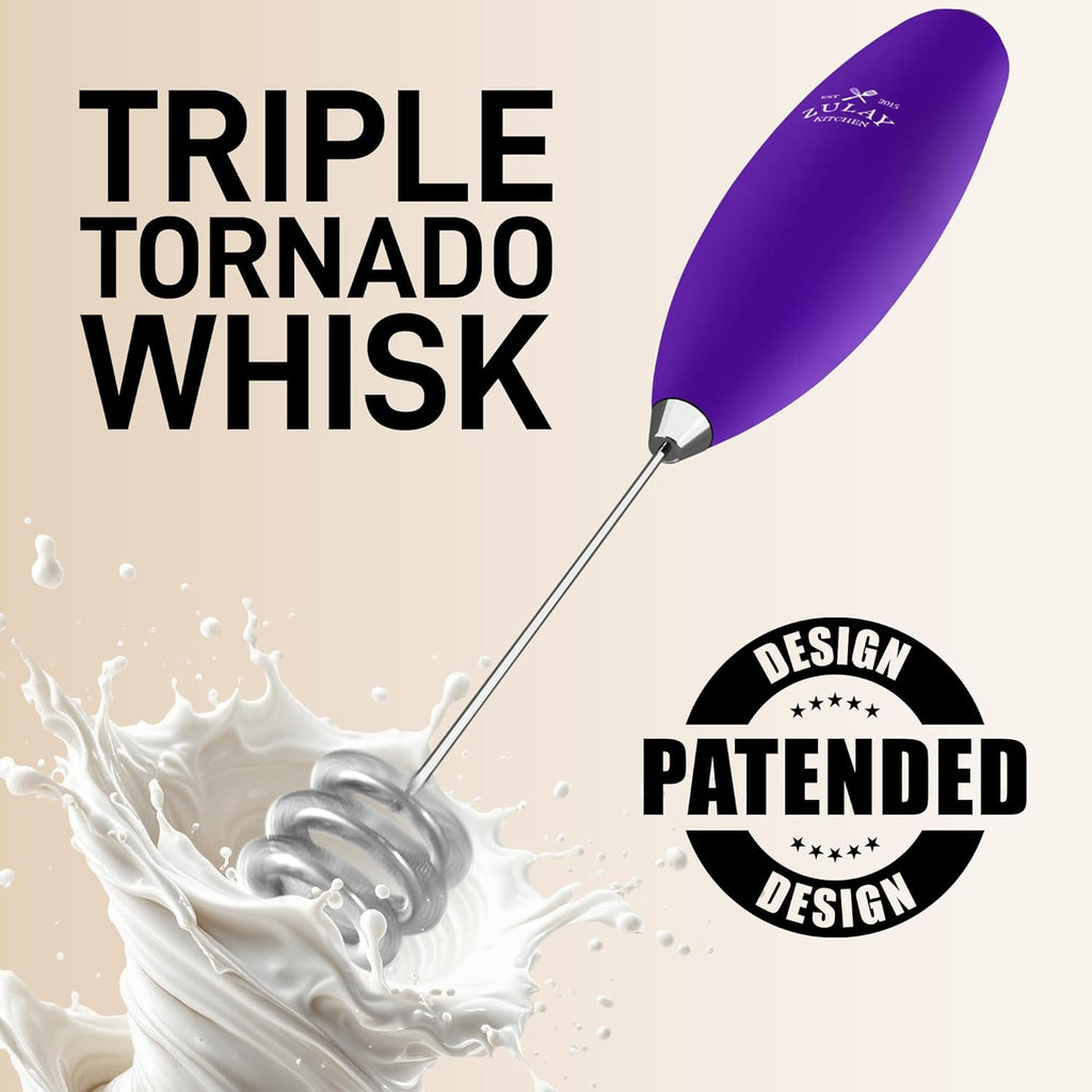 Zulay Kitchen Tornado Triple Whisk Milk Frother - Handheld Foam Maker for Coffee & Lattes - Purple with 4 Duracell Batteries