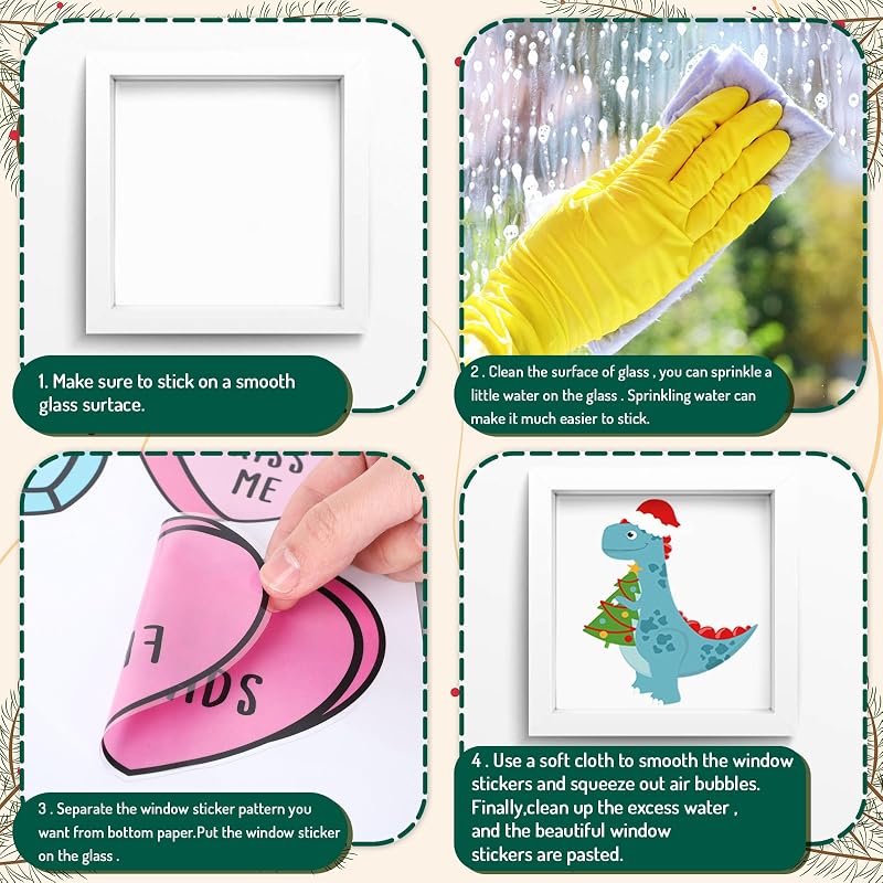 Christmas Window Clings Set - 9 Sheets Dino & Snowflake Reusable Window Decals
