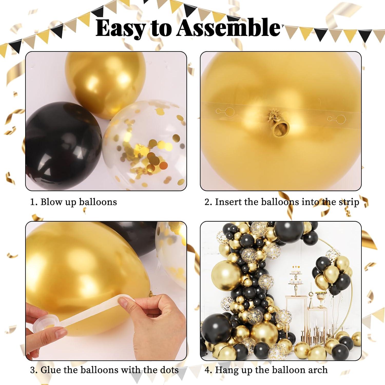 RUBFAC Black and Gold Balloons - 130pcs Graduation Decorations | Metallic Confetti Arch Kit for Parties