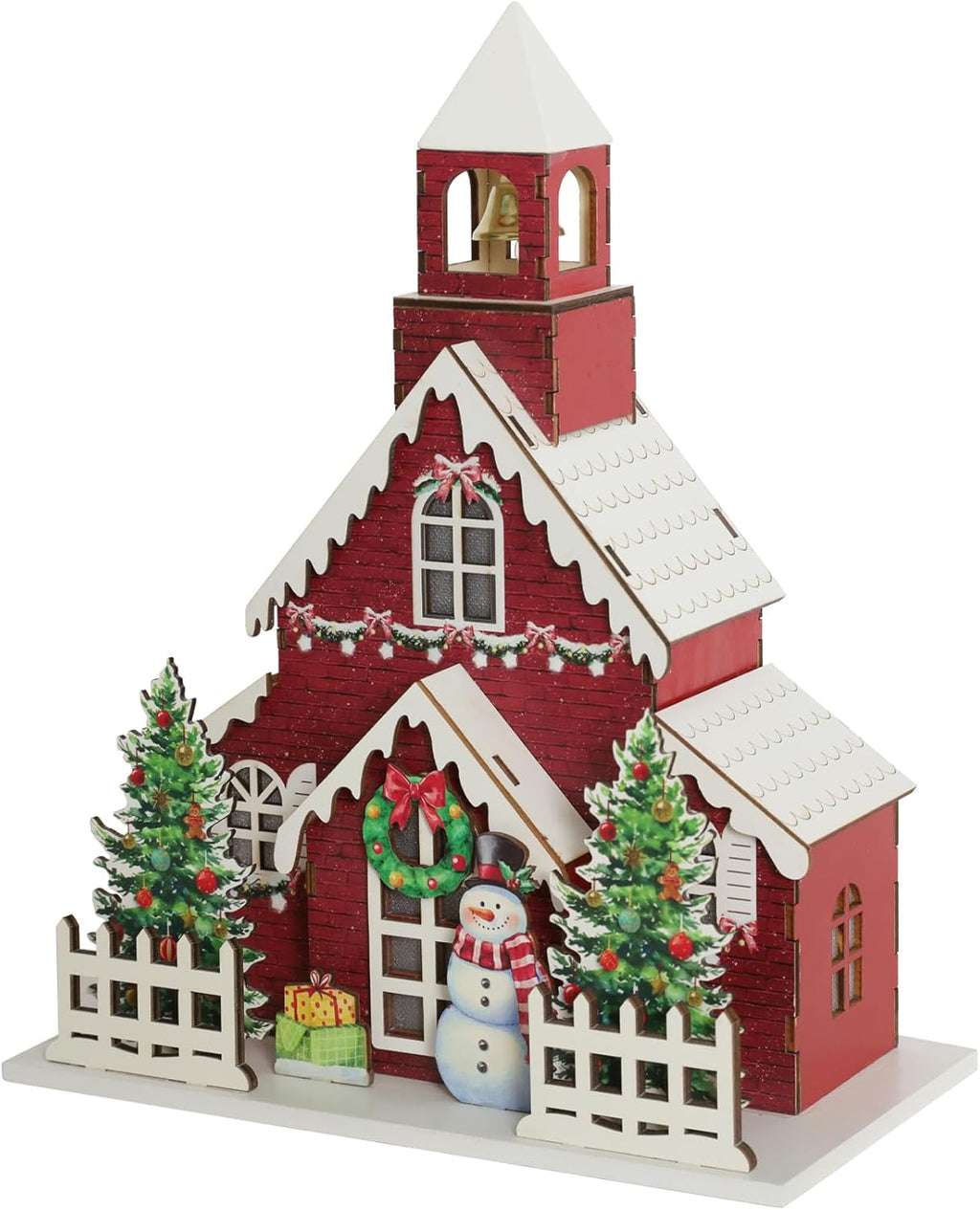 Wooden Lighted Christmas Church Decor | 11.8” Xmas Village Chapel with LED Lights & Snowman