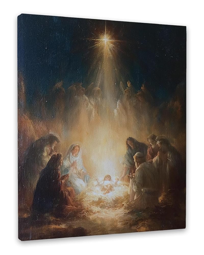 Nativity Wall Art 12x16 with Glowing Star Framed Canvas Print - Variation: Nativity Star Scene