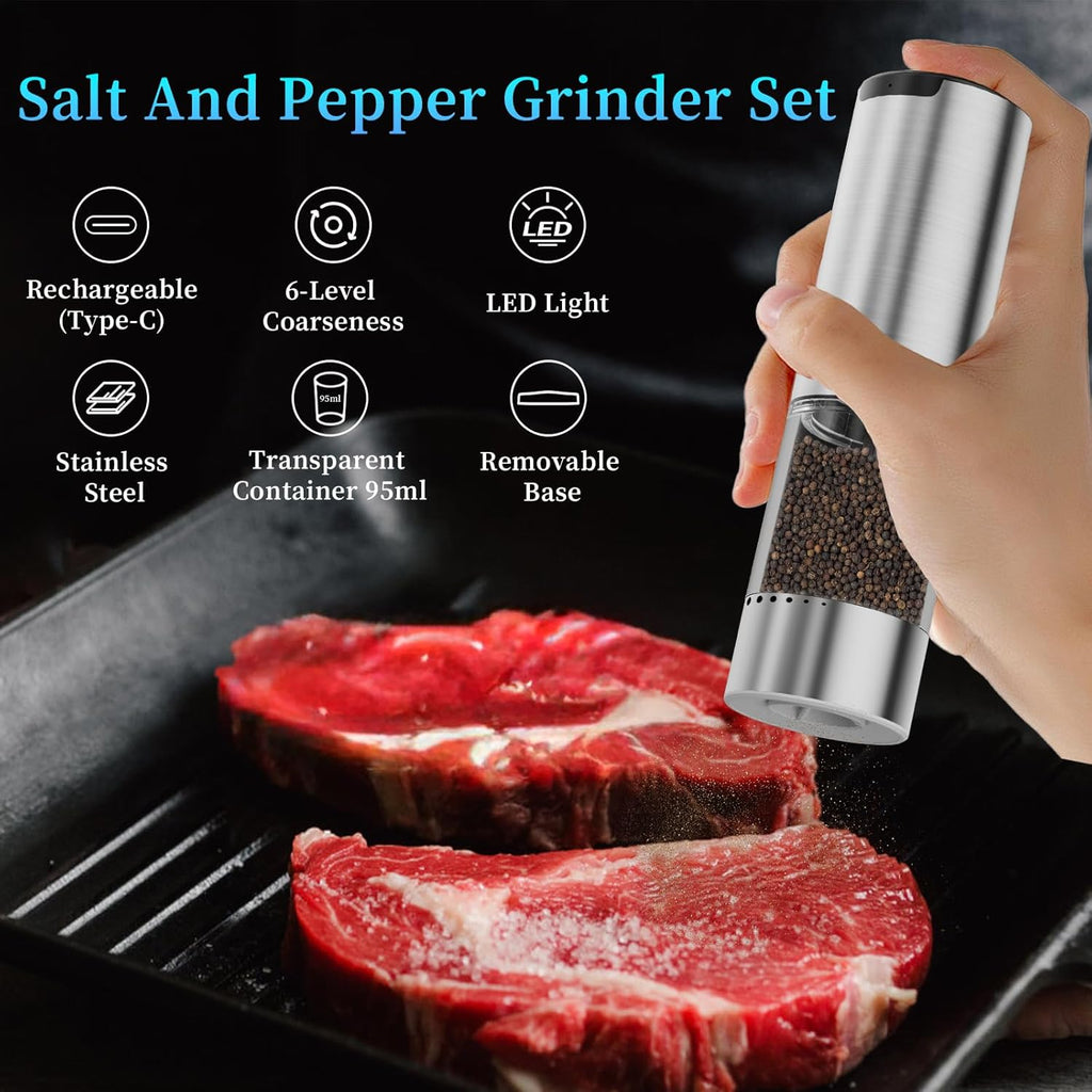 Skiennix Electric Salt and Pepper Grinder Set - Automatic Rechargeable Shakers with Adjustable Coarseness & LED Light