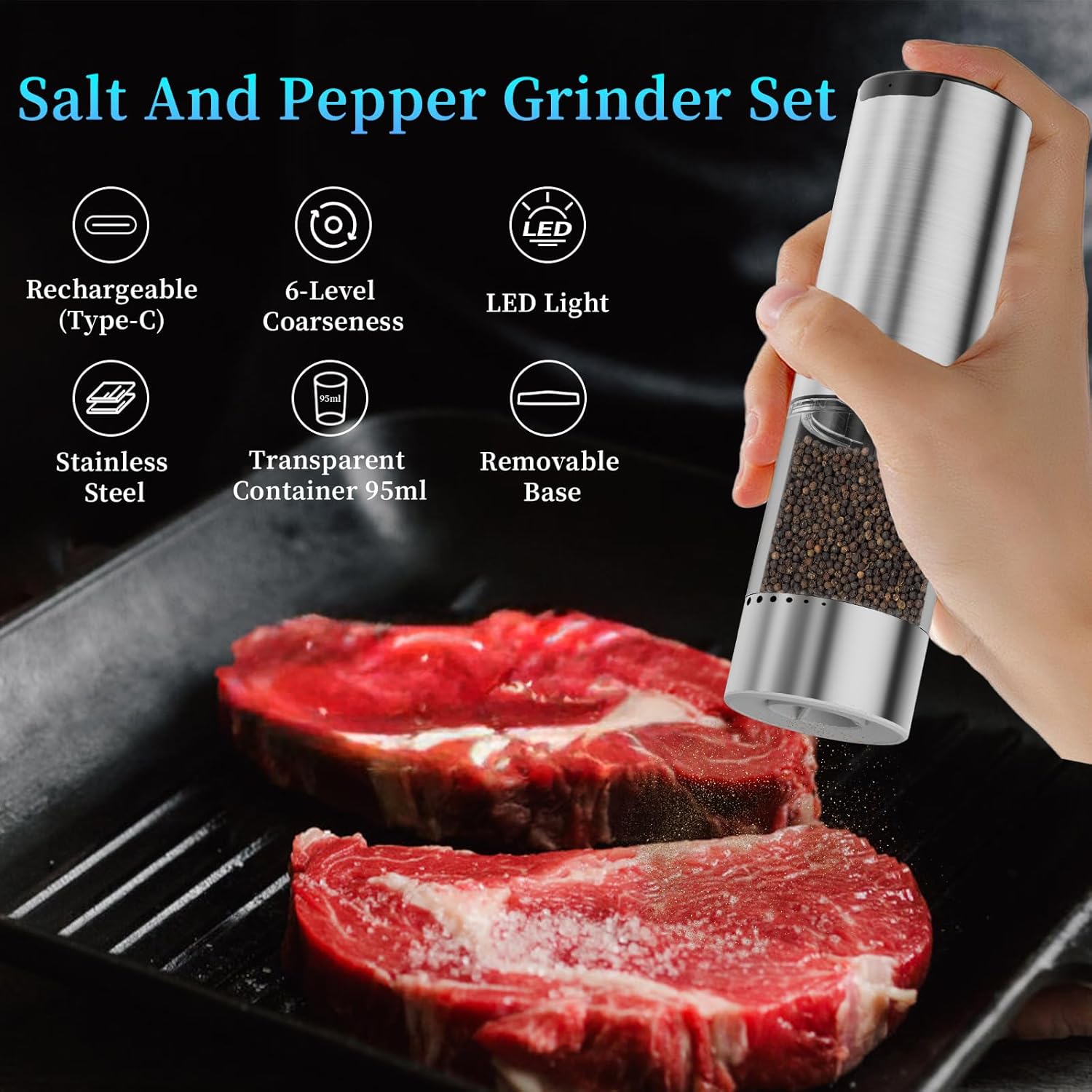 Skiennix Electric Salt and Pepper Grinder Set - Automatic Rechargeable Shakers with Adjustable Coarseness & LED Light