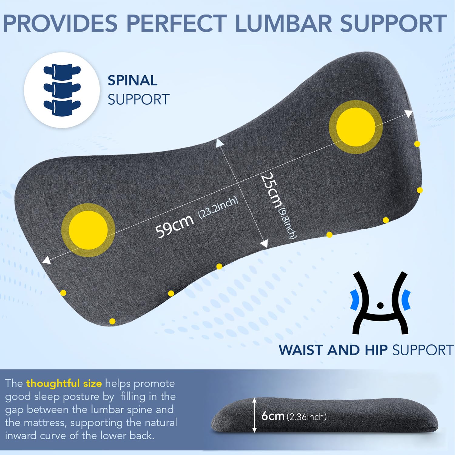 Hapiclody Lumbar Support Pillow for Sleeping Memory Foam Lumbar Pillow for Lower Back Pain Relief Back Support Pillow for Side,Back and Stomach Sleepers-Bed Wedge Bolster Pillow Bed Rest Pillow(Gray)