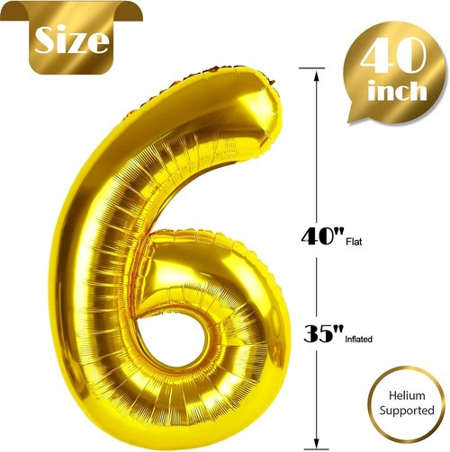 Gold Number 6 Balloon - 40 Inch Giant Foil Balloon for 6th Birthday Party Decorations