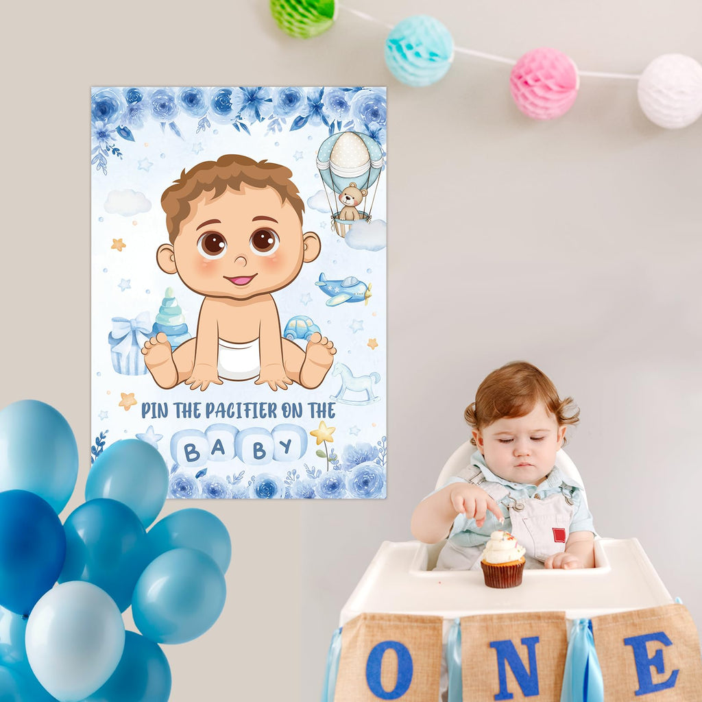 Pin The Pacifier On The Baby Game, Blue Baby Shower Decoration Pin Pacifier on Baby Poster Game with Poster 48 Pacifier Stickers Blindfold Game for Blue Bear Baby Shower Birthday Party Decorations