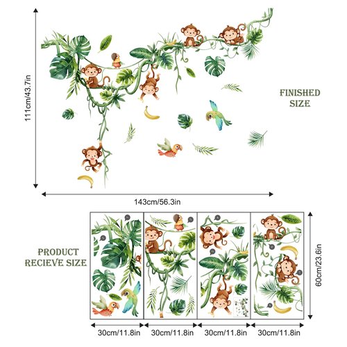 Supzone Monkey Climbing Tree Wall Decals Jungle Animals Birds Stickers Vine Green Leaves Art Decor for Baby Nursery Kids Room Living Room