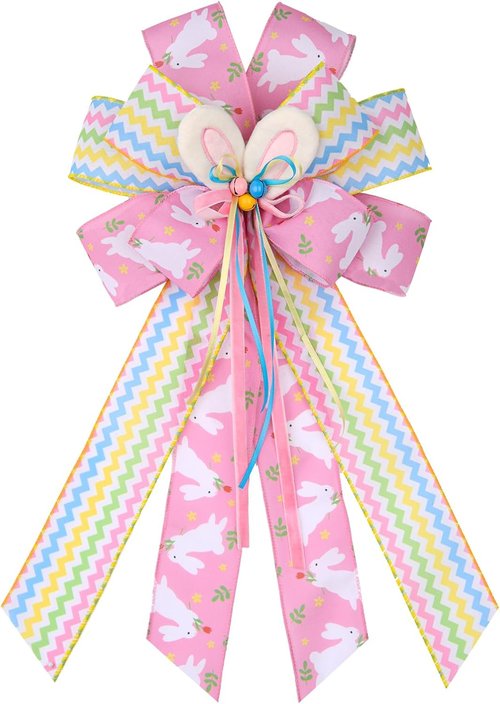BUVANE Easter Wreath Bows - Large Burlap Bunny Bows for Indoor/Outdoor Holiday Decor | Pink