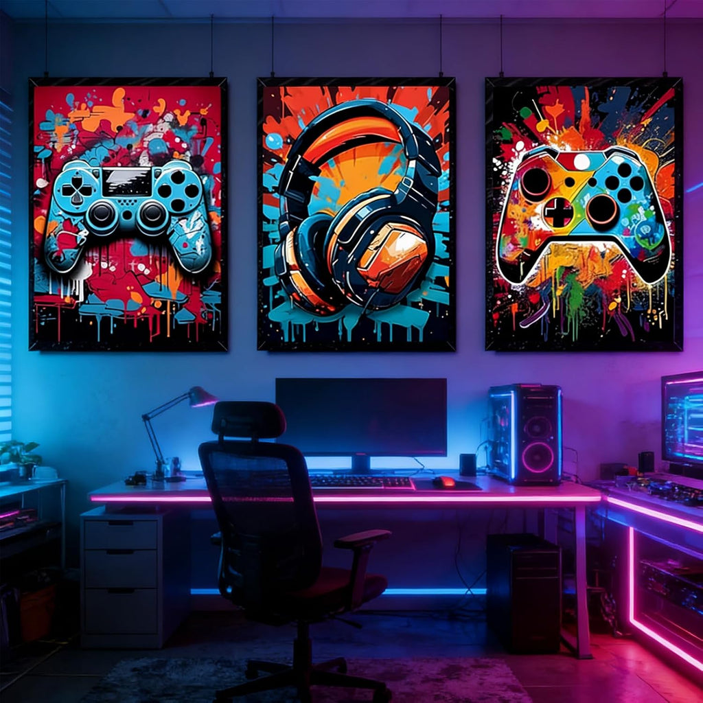 PPV Retro Video Game Wall Art - 3Pcs Colorful Neon Gamepad Canvas Prints for Boys' Room | 16x24in Unframed