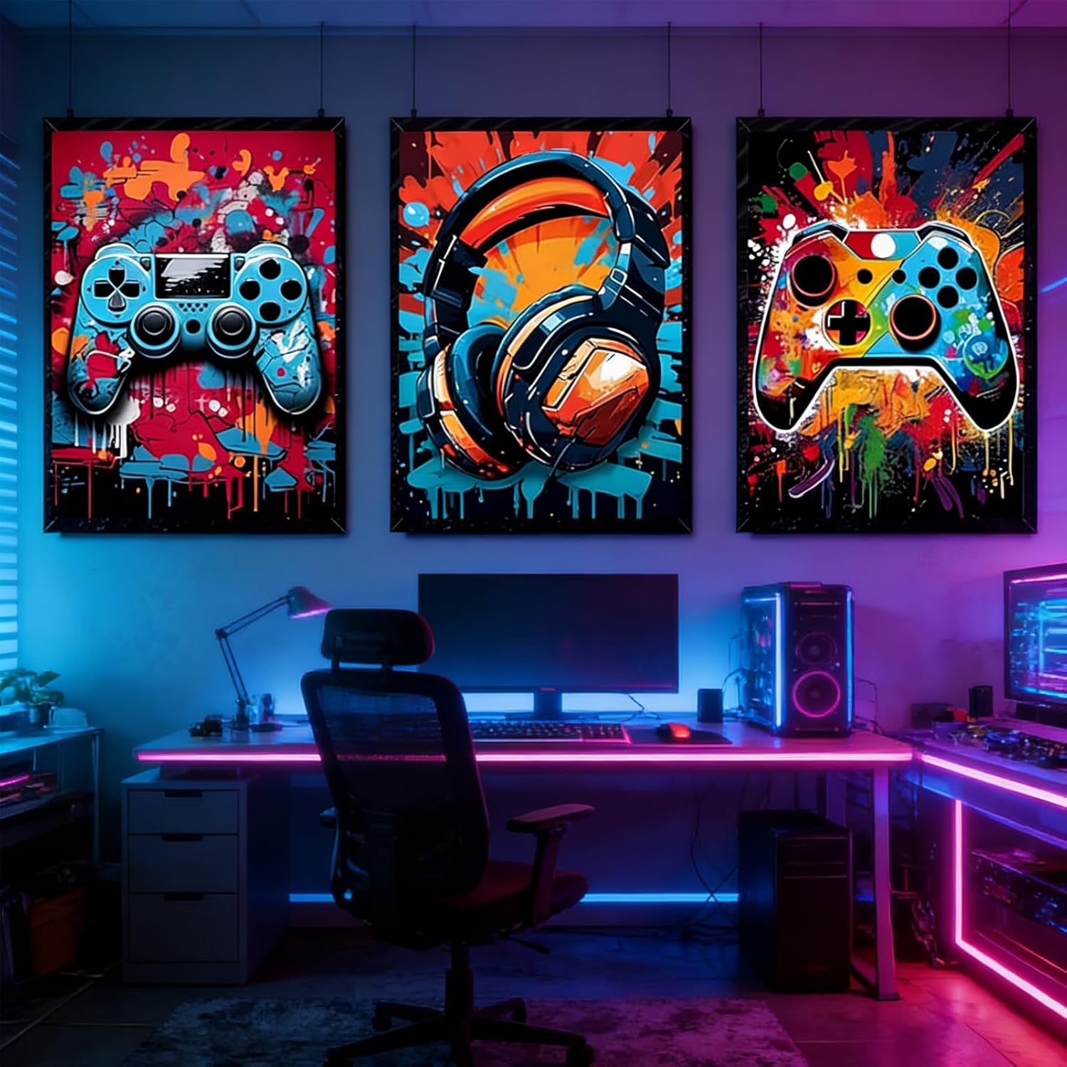 PPV Retro Video Game Wall Art - 3Pcs Colorful Neon Gamepad Canvas Prints for Boys' Room | 16x24in Unframed