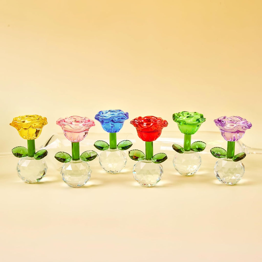 Regine Switzerland Crystal Glass Rose Flowers Figurines - Colorful Blown Glass Centerpieces | Set of 6 (3.5in)