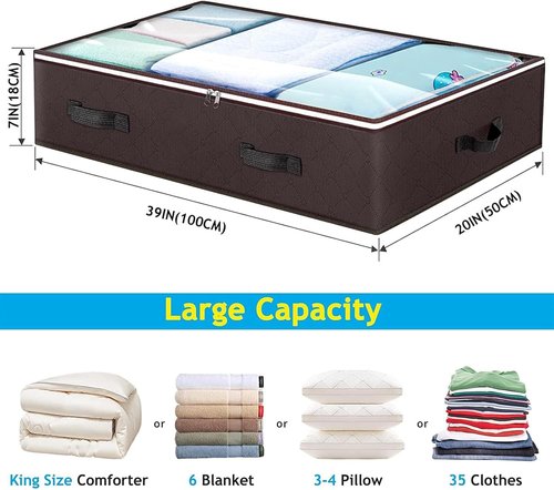 Budding Joy 90L Underbed Storage Containers - Large Capacity Foldable Bins with Clear Window | Brown 6-Pack