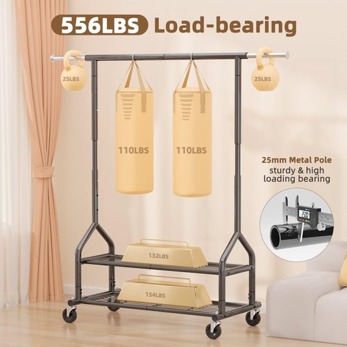 EAGMAK Heavy Duty Clothes Rack - Adjustable Rolling Wardrobe Organizer with Shelves | 556 LBS Capacity, Black