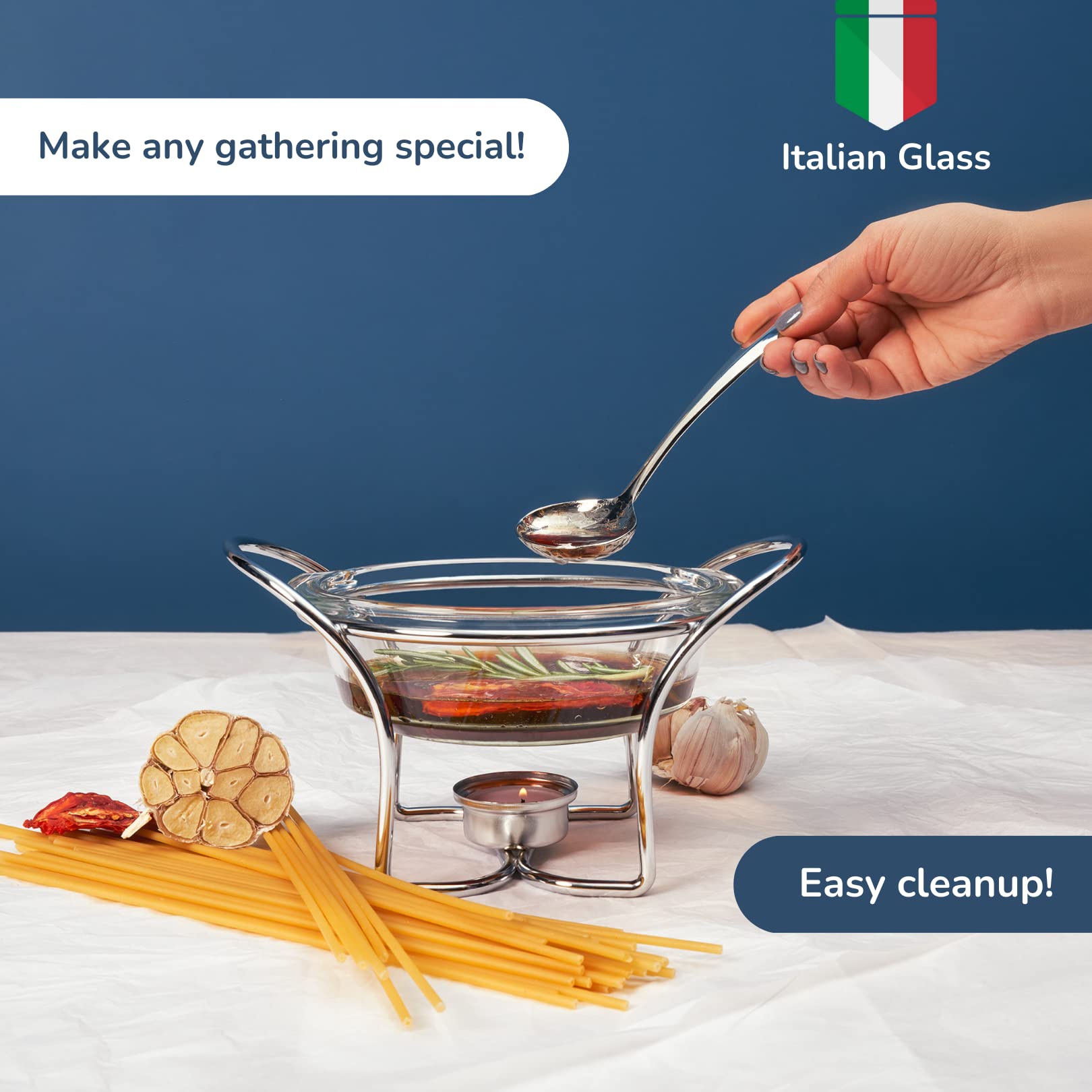 Rigeli Regent Chromeplated Wire Sauce Warmer w/Ladle Stainless Steel Round Soup Warmer with spoon Perfect for Chocolate, Caramel, Cheese, Sauces and More