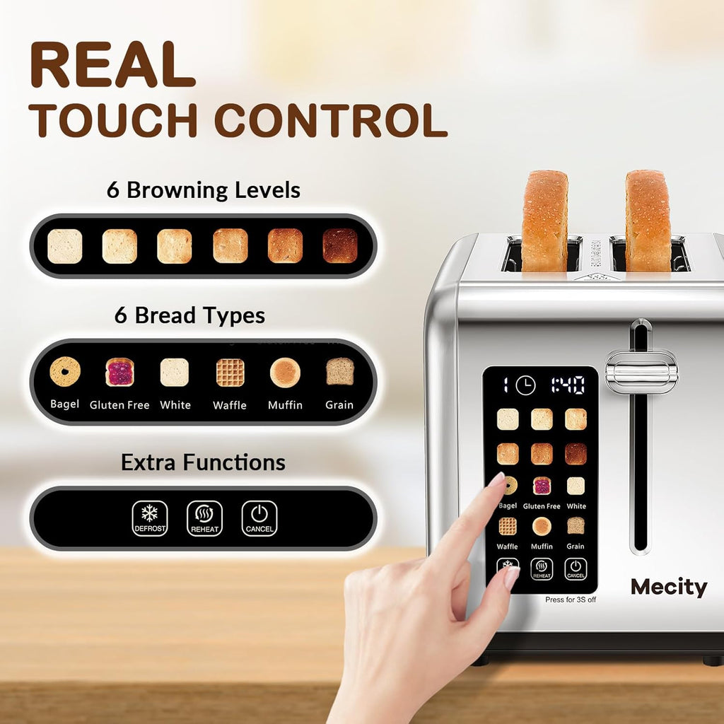 Mecity Stainless Steel 2-Slice Toaster - Touch Screen, 1.5" Wide Slot, Timer & Defrost Functions