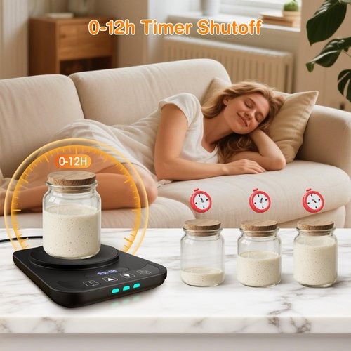 Sourdough Starter Warmer, Precise 1°F Thermostat Control (70-100°F) Sourdough Warming Mat, Auto Warming On/Off, 12-Hour Timer Sourdough Warmer for Home Baking (No Jar Included)