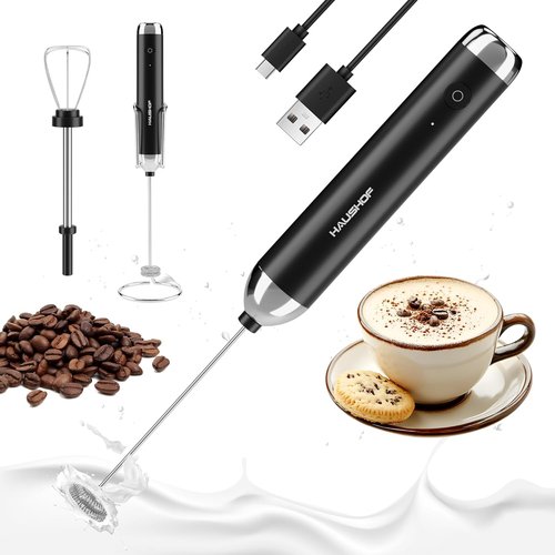 HAUSHOF Rechargeable Milk Frother - Powerful Handheld Foam Maker with 2 Whisks | Perfect for Coffee, Cappuccino, Latte