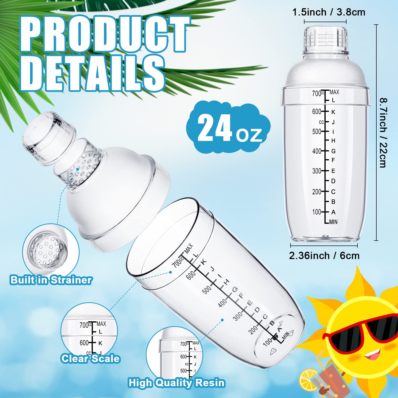Lallisa 12 Pcs Plastic Cocktail Shaker Drink Mixer with Scales and Strainer Top Clear Shaker Cup with Measurement Plastic Mixing Tool for Tea Coffee Bubble Tea Milk(700 Cc/ 24 oz)