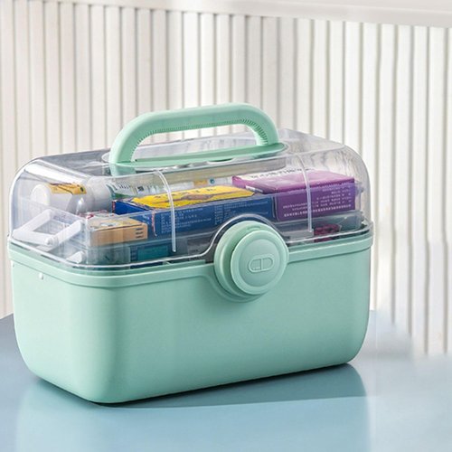 Family First Medicine Storage Container - 3-Tier Foldable Organizer with Removable Pill Case | Green