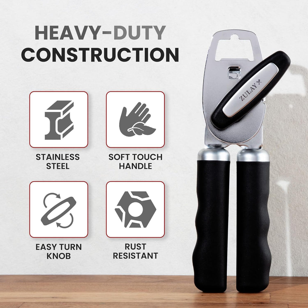 Zulay Kitchen COMFY™ Can Opener - Rust-Proof Stainless Steel with Soft Grip Handles - Black