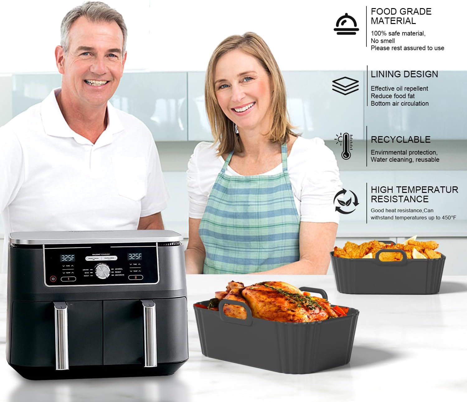 Silicone Air Fryer Liners - Reusable 2 Pack for Ninja Foodi & COSORI 9QT | Fits 8-10QT Dual Baskets