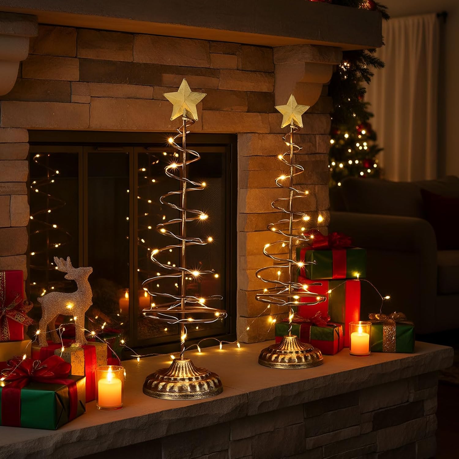 Skiennix Lighted Christmas Tree Table Decoration - Prelit Mini Xmas Tree with Golden Star | Battery Operated, Spiral Design
