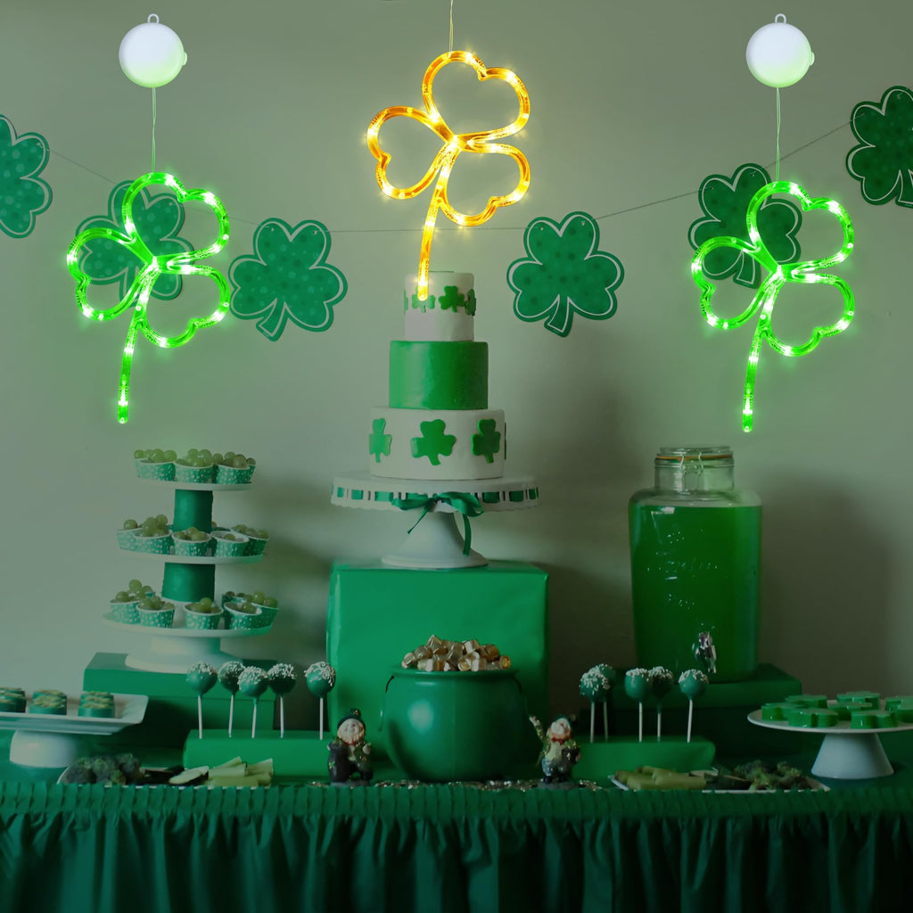 [Timer] 3 Pack St Patricks Day Decorations Shamrock Window Lights Battery Operated with Suction Cup & Hook, Saint Patricks Day Lucky Gold Green Clover Lights for Indoor Outdoor Party Irish Decor