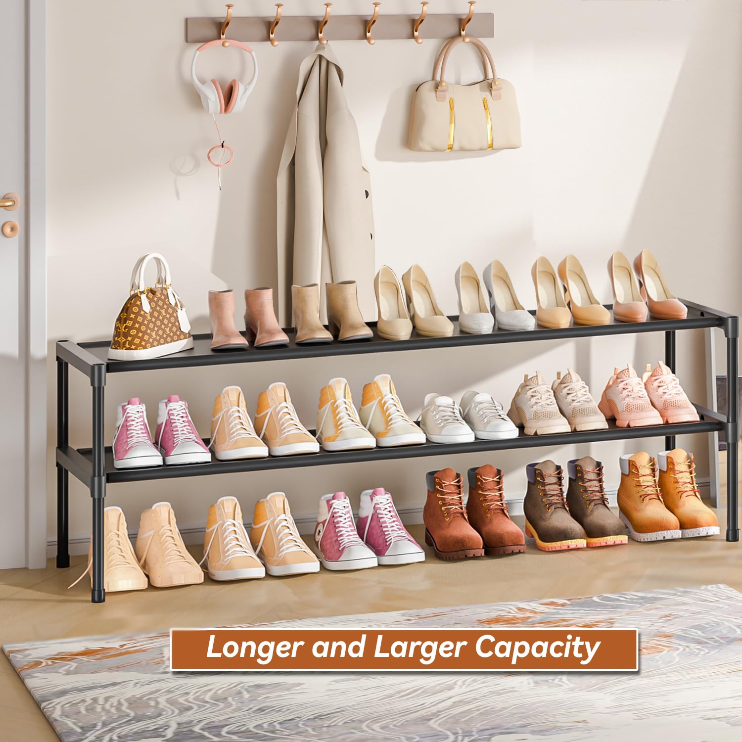 LUKYTOWER Extra Long Shoe Rack 2 Tier Shoe Storage Organizer Wide Stackable Shoe Organizer Racks for Closet Entryway,Shoe Shelf Stand Sturdy Durable Shoes Rack Holder Save Space