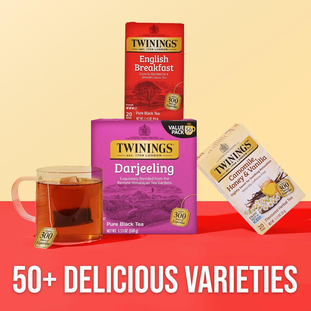 Twinings Darjeeling Black Tea - Individually Wrapped Bags, 50 Count | Delicate Flavor, Caffeinated, Hot or Iced