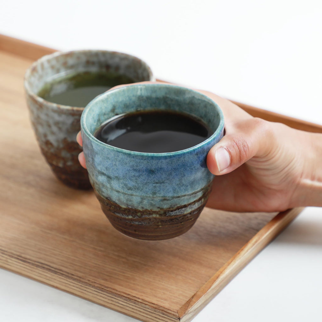 Asayu Japan Handpainted Glazed Ceramic Tea Cups Set of 2 6.7oz (200ml), Made in Japan MIno Ware Pottery Glass for Hot and Cold Drinks - 2PCS Mino Glaze Tea Cup Set
